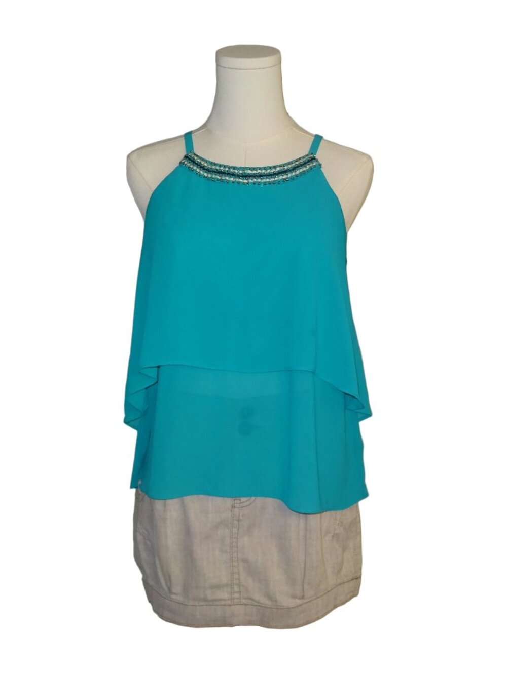 Teal Beaded Chiffon Layered Tank-M